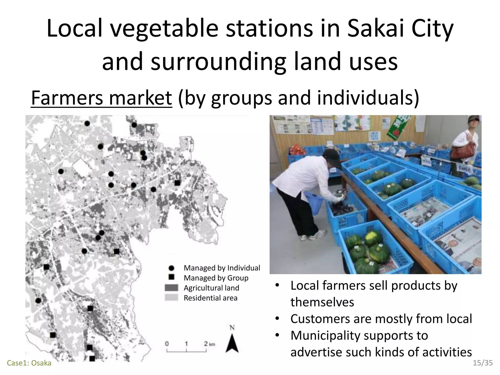 Local vegetable stations in Sakai City
and surrounding land uses
Farmers market (by groups and individuals)
Managed by Individual
Managed by Group
Agricultural land
Residential area
• Local farmers sell products by
themselves
• Customers are mostly from local
• Municipality supports to
advertise such kinds of activities
15/35Case1: Osaka
 