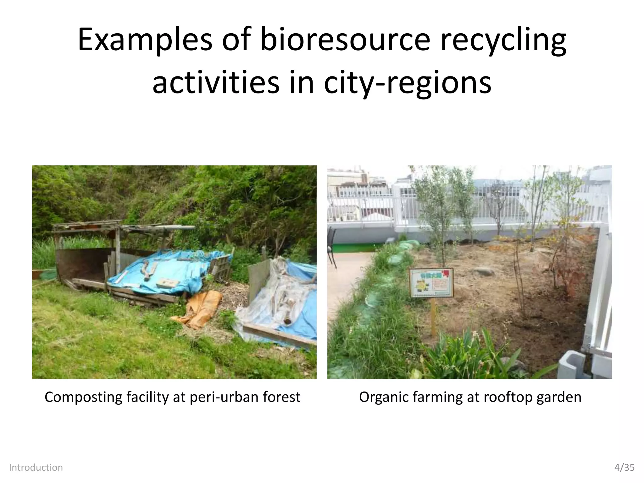 Examples of bioresource recycling
activities in city-regions
4/35
Composting facility at peri-urban forest Organic farming at rooftop garden
Introduction
 