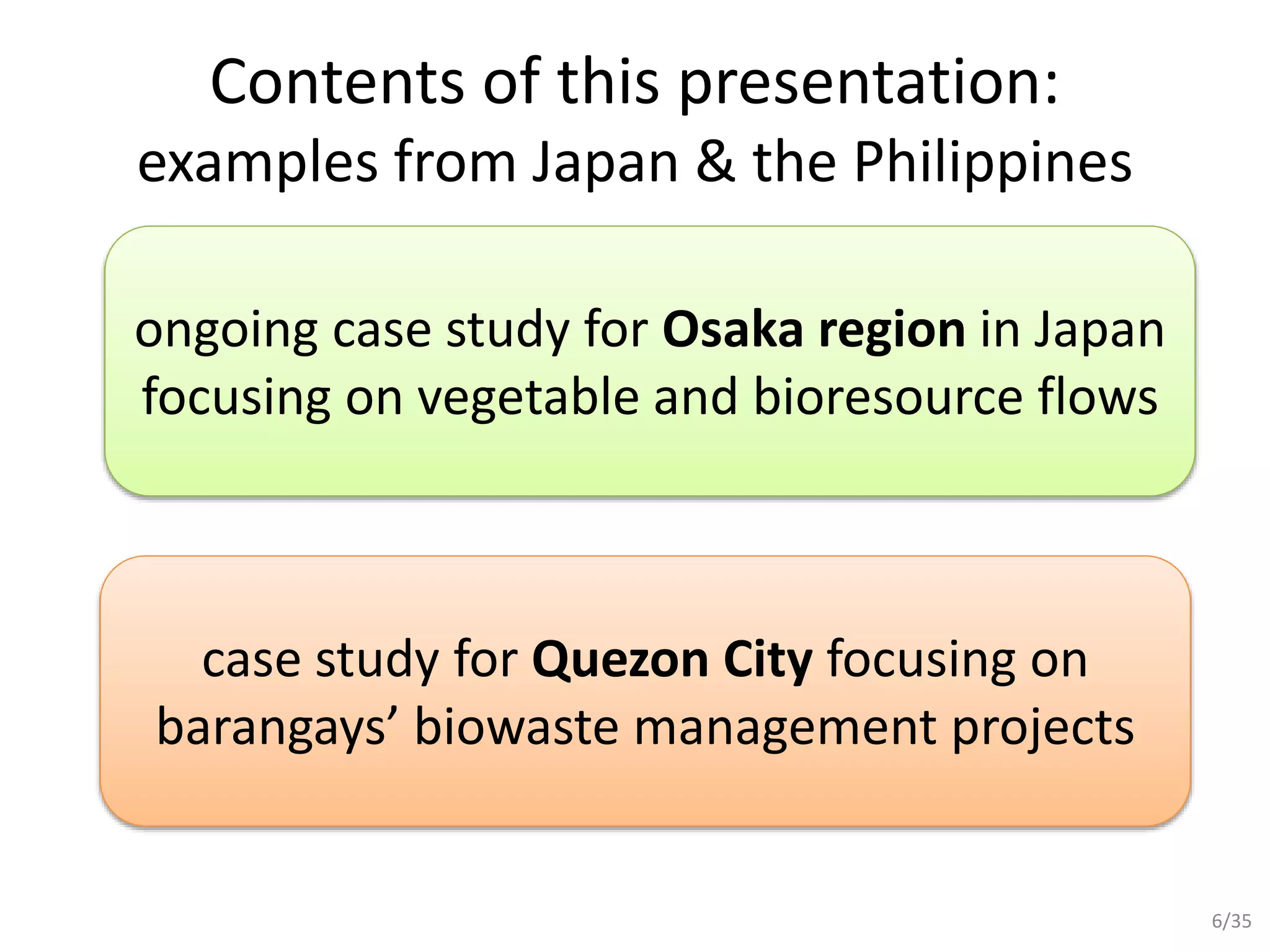ongoing case study for Osaka region in Japan
focusing on vegetable and bioresource flows
case study for Quezon City focusing on
barangays’ biowaste management projects
Contents of this presentation:
examples from Japan & the Philippines
6/35
 