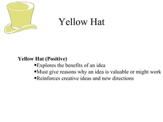 Yellow Hat Yellow Hat (Positive) Explores the benefits of an idea Must give reasons why an idea is valuable or might work Reinforces creative ideas and new directions 