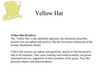Yellow Hat Yellow Hat (Positive) The ‘Yellow Hat’ is the optimistic approach, this dimension describes learners who are upbeat and positive, like the  Participant  dimension of the Grasha- Riechmann Model.  Yellow Hat learners are upbeat and optimistic, and try to find the positive side to all situations. They enjoy learning real-world examples, are group-orientated and very supportive of other members of the group. They like practical subjects and demonstrations. 