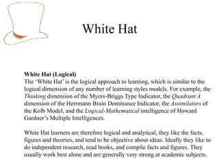 White Hat


White Hat (Logical)
The „White Hat‟ is the logical approach to learning, which is similar to the
logical dimension of any number of learning styles models. For example, the
Thinking dimension of the Myers-Briggs Type Indicator, the Quadrant A
dimension of the Herrmann Brain Dominance Indicator, the Assimilators of
the Kolb Model, and the Logical-Mathematical intelligence of Howard
Gardner‟s Multiple Intelligences.

White Hat learners are therefore logical and analytical, they like the facts,
figures and theories, and tend to be objective about ideas. Ideally they like to
do independent research, read books, and compile facts and figures. They
usually work best alone and are generally very strong at academic subjects.
 