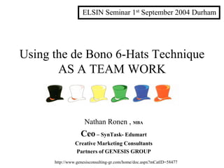 ELSIN Seminar 1st September 2004 Durham




Using the de Bono 6-Hats Technique
       AS A TEAM WORK



                     Nathan Ronen , MBA
                   Ceo – SynTask- Edumart
                Creative Marketing Consultants
                Partners of GENESIS GROUP
      http://www.genesisconsulting-gr.com/home/doc.aspx?mCatID=58477
 