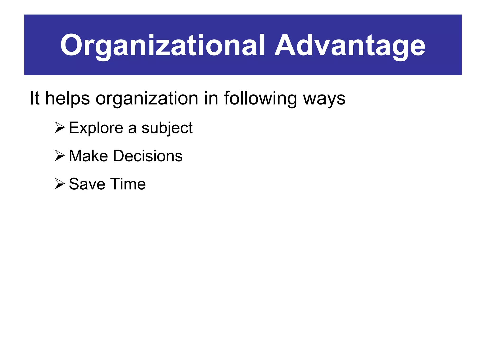 Organizational Advantage It helps organization in following ways Explore a subject Make Decisions Save Time 
