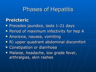 Phases of Hepatitis Preicteric Precedes jaundice, lasts 1-21 days Period of maximum infectivity for hep A Anorexia, nausea, vomiting R) upper quadrant abdominal discomfort Constipation or diarrhoea Malaise, headache, low grade fever, arthralgias, skin rashes 