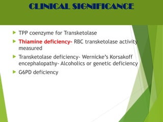 CLINICAL SIGNIFICANCE
 TPP coenzyme for Transketolase
 Thiamine deficiency- RBC transketolase activity
measured
 Transketolase deficiency- Wernicke’s Korsakoff
encephalopathy- Alcoholics or genetic deficiency
 G6PD deficiency
 