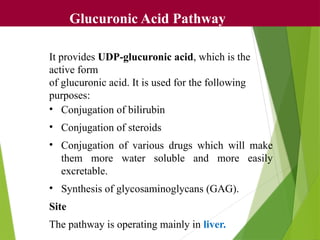 It provides UDP-glucuronic acid, which is the
active form
of glucuronic acid. It is used for the following
purposes:
• Conjugation of bilirubin
• Conjugation of steroids
• Conjugation of various drugs which will make
them more water soluble and more easily
excretable.
• Synthesis of glycosaminoglycans (GAG).
Site
The pathway is operating mainly in liver.
Glucuronic Acid Pathway
 