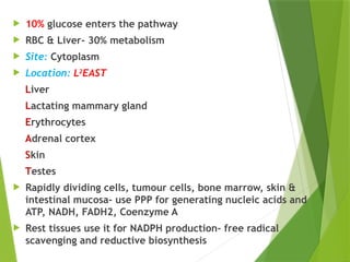  10% glucose enters the pathway
 RBC & Liver- 30% metabolism
 Site: Cytoplasm
 Location: L2
EAST
Liver
Lactating mammary gland
Erythrocytes
Adrenal cortex
Skin
Testes
 Rapidly dividing cells, tumour cells, bone marrow, skin &
intestinal mucosa- use PPP for generating nucleic acids and
ATP, NADH, FADH2, Coenzyme A
 Rest tissues use it for NADPH production- free radical
scavenging and reductive biosynthesis
 