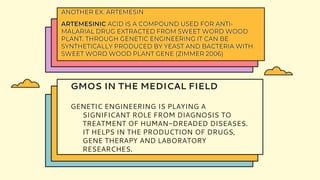 ANOTHER EX. ARTEMESIN
ARTEMESINIC ACID IS A COMPOUND USED FOR ANTI-
MALARIAL DRUG EXTRACTED FROM SWEET WORD WOOD
PLANT. THROUGH GENETIC ENGINEERING IT CAN BE
SYNTHETICALLY PRODUCED BY YEAST AND BACTERIA WITH
SWEET WORD WOOD PLANT GENE (ZIMMER 2006)
GMOS IN THE MEDICAL FIELD
GENETIC ENGINEERING IS PLAYING A
SIGNIFICANT ROLE FROM DIAGNOSIS TO
TREATMENT OF HUMAN-DREADED DISEASES.
IT HELPS IN THE PRODUCTION OF DRUGS,
GENE THERAPY AND LABORATORY
RESEARCHES.
 