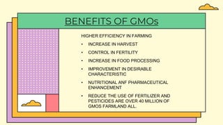 BENEFITS OF GMOs
HIGHER EFFICIENCY IN FARMING
• INCREASE IN HARVEST
• CONTROL IN FERTILITY
• INCREASE IN FOOD PROCESSING
• IMPROVEMENT IN DESIRABLE
CHARACTERISTIC
• NUTRITIONAL ANF PHARMACEUTICAL
ENHANCEMENT
• REDUCE THE USE OF FERTILIZER AND
PESTICIDES ARE OVER 40 MILLION OF
GMOS FARMLAND ALL.
 