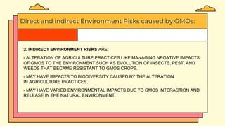Direct and indirect Environment Risks caused by GMOs:
2. INDIRECT ENVIRONMENT RISKS ARE:
- ALTERATION OF AGRICULTURE PRACTICES LIKE MANAGING NEGATIVE IMPACTS
OF GMOS TO THE ENVIRONMENT SUCH AS EVOLUTION OF INSECTS, PEST, AND
WEEDS THAT BECAME RESISTANT TO GMOS CROPS.
- MAY HAVE IMPACTS TO BIODIVERSITY CAUSED BY THE ALTERATION
IN AGRICULTURE PRACTICES.
- MAY HAVE VARIED ENVIRONMENTAL IMPACTS DUE TO GMOS INTERACTION AND
RELEASE IN THE NATURAL ENVIRONMENT.
 