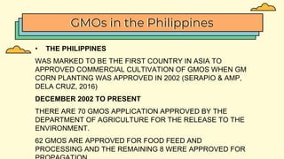 GMOs in the Philippines
• THE PHILIPPINES
WAS MARKED TO BE THE FIRST COUNTRY IN ASIA TO
APPROVED COMMERCIAL CULTIVATION OF GMOS WHEN GM
CORN PLANTING WAS APPROVED IN 2002 (SERAPIO & AMP,
DELA CRUZ, 2016)
DECEMBER 2002 TO PRESENT
THERE ARE 70 GMOS APPLICATION APPROVED BY THE
DEPARTMENT OF AGRICULTURE FOR THE RELEASE TO THE
ENVIRONMENT.
62 GMOS ARE APPROVED FOR FOOD FEED AND
PROCESSING AND THE REMAINING 8 WERE APPROVED FOR
 