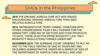 GMOs in the Philippines
2010 THE ORGANIC AGRICULTURE ACT WAS ISSUED
ENCOURAGING ORGANIC AGRICULTURE THAN GMO-
RELATED AGRICULTURE.
2012. REPRESENTATIVE TEDDY CASINO, TOGETHER WITH
OTHER CONGRESSMAN, FILED A BILL PUSHING FOR THE
MANDATORY LABELING OF GM FOOD AND FOOD PRODUCTS.
TO DATE, THERE IS NO PHILIPPINE BIOSAFETY LAW, ONLY
BIOSAFETY REGULATIONS FORMED UNDER NBF.
DECEMBER 2015. THE SUPREME COURT ORDERED TO PUT AN
AND TO THE FIELD TESTING OF GMO BT EGGPLANT AND
DECLARED ADMINISTRATIVE ORDER NO.8 SERIES OF 2002 OF
THE DEPARTMENT OF AGRICULTURE AS NULL AND VOID.
 