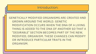 GENETICALLY MODIFIED ORGANISMS ARE CREATED AND
GROWN AROUND THE WORLD. GENETIC
MODIFICATION OCCURS WHEN THE DNA OF A LIVING
THING IS ADDED TO THE DNA OF ANOTHER SO THAT A
"DESIRABLE" SECTION BECOMES PART OF THE NEW,
MODIFIED, ORGANISM. THESE CHANGES CAN MODIFY
OR INTRODUCE PARTICULAR TRAITS IN THE
ORGANISM.
Introduction:
 