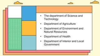 • The department of Science and
Technology
• Department of Agriculture
• Department of Environment and
Natural Resources
• Department of Health
• Department of Interior and Local
Government
 