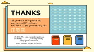 CREDITS: This presentation template was
created by Slidesgo, including icons by
Flaticon, infographics & images by Freepik
THANKS
Do you have any questions?
addyouremail@freepik.com
+91 620 421 838 yourcompany.com
Please keep this slide for attribution
 