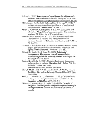 79   NATIONAL FORUM OF EDUCATIONAL ADMINISTRATION AND SUPERVISION JOURNAL__________




Hall, A. L. (1998). Suspension and expulsion as disciplinary tools:
        Problems and alternatives. Retrieved January 19, 2001, from
        http://www.edpolicy.quw.edu/Resources/challenges/pt_1b.html
McFadden, A. C., Marsh, G. E., Price, B. J., & Hwang, Y. (1992). A
        study of race and gender in the punishment of handicapped
        school children. Urban Review, 24, 239-251.
Meier, K. J., Stewart, J., & England, R. E. (1989). Race, class and
        education: The politics of second generation discrimination.
        Madison, WI: University of Wisconsin Press.
Morrison, G. M. & D’Incau, B. (1997). The web of zero tolerance:
        Characteristics of students who are recommended for
        expulsion from school. Education and Treatment of Children,
        20, 316-335.
Nicholas, J. D., Ludwin, W. G., & Iadicola, P. (1999). A darker side of
        gray: A year-end analysis of discipline and suspension data.
        Equity and Excellence in Education, 32, 43-55.
Richart, D., Brooks, K., & Soler, M. (2003). Unintended
        consequences: The impact o zero tolerance and other
        exclusionary policies on Kentucky students. Washington DC:
        Building Blocks for Youth.
Rausch, K., & Skiba, R. (2004). Unplanned outcomes: Suspensions
        and expulsions in Indiana. Education Policy Briefs, 2(2), 1-8.
        Retrieved October 2004, from
        http:ceep.Indiana.edu/ChildrenLeftBehind
Short, P. M., Short, R. J., & Blanton, C. (1994). Rethinking student
        discipline: Alternatives that work. Thousand Oaks, CA: Sage
        Publications.
Skiba, R. J., Peterson, R. L., & Williams, T. (1997). Office referrals
        and suspension: disciplinary infractions in middle schools.
        Education and Children, 20(3), 295-315.
Skiba, R. J., Michael, R. S., & Nardo, A. C. (2000). The color of
        discipline: Sources of racial and gender disproportionality in
        school punishment. Lincoln, NE: University of Nebraska-
        Lincoln.
 