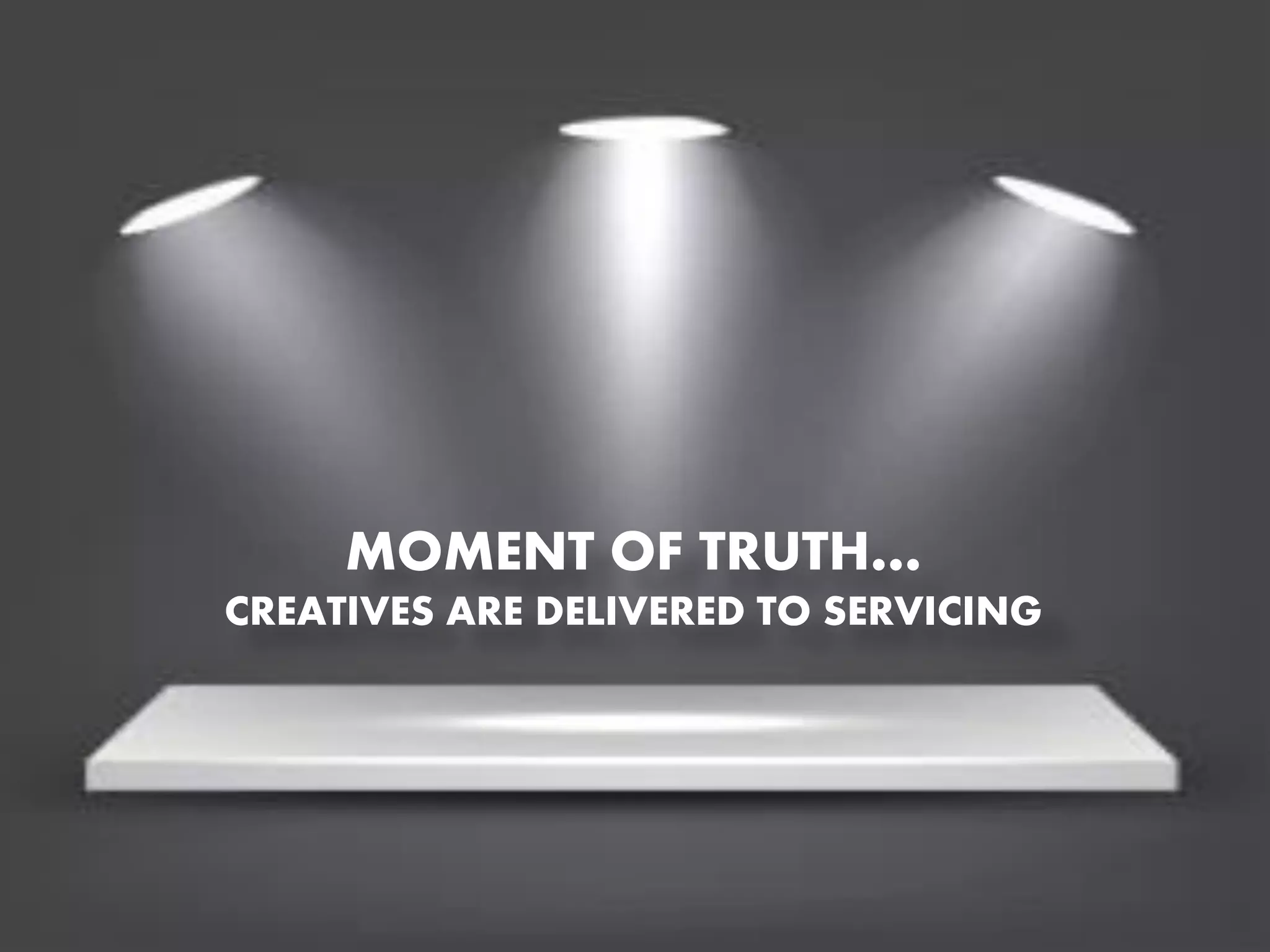 MOMENT OF TRUTH…
CREATIVES ARE DELIVERED TO SERVICING

 