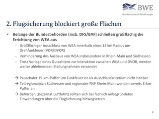 2. Flugsicherung blockiert große Flächen
4
• Belange der Bundesbehörden (insb. DFS/BAF) schließen großflächig die
Errichtung von WEA aus
 Großflächiger Ausschluss von WEA innerhalb eines 15 km Radius um
Drehfunkfeuer (VOR/DVOR)
 Verhinderung des Ausbaus von WEA insbesondere in Rhein-Main und Südhessen
 Trotz Vorlage eines Gutachtens zur Interaktion zwischen WEA und DVOR, werden
weiter ablehnenden Stellungnahmen versendet
 Pauschaler 15-km-Puffer um Funkfeuer ist als Ausschlusskriterium nicht haltbar
 Teilregionalplan Südhessen und regionaler FNP Rhein-Main wenden bereits 3-km-
Puffer an
 Behörden (Dezernat Luftfahrt) sollten sich bei fachlich unbegründeten
Einwendungen über die Flugsicherung hinwegsetzen
 