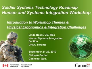 Introduction to Workshop Themes &  Physical Ergonomics & Integration Challenges   Linda Bossi, CD, MSc Human Systems Integration Section  DRDC Toronto September 21-22, 2010 Château Cartier  Gatineau, Que. Soldier  Systems Technology Roadmap   Human and Systems Integration Workshop 