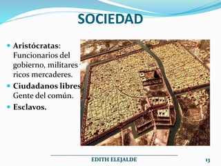SOCIEDAD
 Aristócratas:
Funcionarios del
gobierno, militares y
ricos mercaderes.
 Ciudadanos libres:
Gente del común.
 Esclavos.
______________________________________________
EDITH ELEJALDE 13
 