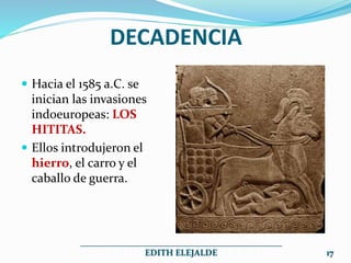 DECADENCIA
 Hacia el 1585 a.C. se
inician las invasiones
indoeuropeas: LOS
HITITAS.
 Ellos introdujeron el
hierro, el carro y el
caballo de guerra.
______________________________________________
EDITH ELEJALDE 17
 