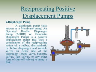 Reciprocating Positive
Displacement Pumps
2.Diaphragm Pump
A diaphragm pump (also
known as a Membrane pump, Air
Operated Double Diaphragm
Pump (AODD) or Pneumatic
Diaphragm Pump) is a positive
displacement pump that uses a
combination of the reciprocating
action of a rubber, thermoplastic
or Teflon diaphragm and suitable
valves on either side of the
diaphragm (check valve, butterfly
valves, flap valves, or any other
form of shut-off valves) to pump a
fluid.
 