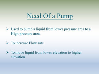 Need Of a Pump
 Used to pump a liquid from lower pressure area to a
High pressure area.
 To increase Flow rate.
 To move liquid from lower elevation to higher
elevation.
 