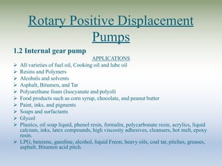 Rotary Positive Displacement
Pumps
1.2 Internal gear pump
APPLICATIONS
 All varieties of fuel oil, Cooking oil and lube oil
 Resins and Polymers
 Alcohols and solvents
 Asphalt, Bitumen, and Tar
 Polyurethane foam (Isocyanate and polyol)
 Food products such as corn syrup, chocolate, and peanut butter
 Paint, inks, and pigments
 Soaps and surfactants
 Glycol
 Plastics, oil soap liquid, phenol resin, formalin, polycarbonate resin, acrylics, liquid
calcium, inks, latex compounds, high viscosity adhesives, cleansers, hot melt, epoxy
resin.
 LPG, benzene, gasoline, alcohol, liquid Freon, heavy oils, coal tar, pitches, greases,
asphalt, Bitumen acid pitch.
 