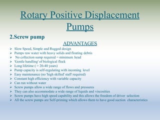 Rotary Positive Displacement
Pumps
2.Screw pump
ADVANTAGES
 Slow Speed, Simple and Rugged design
 Pumps raw water with heavy solids and floating debris
 No collection sump required = minimum head
 'Gentle handling' of biological flock
 Long lifetime ( > 20-40 years)
 Pump capacity is self-regulating with incoming level
 Easy maintenance (no 'high skilled' staff required)
 Constant high efficiency with variable capacity
 Can run without water
 Screw pumps allow a wide range of flows and pressures
 They can also accommodate a wide range of liquids and viscosities
 Screw pumps have high speed capability and this allows the freedom of driver selection
 All the screw pumps are Self-priming which allows them to have good suction characteristics
 