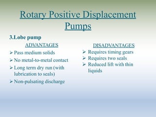 Rotary Positive Displacement
Pumps
3.Lobe pump
ADVANTAGES
 Pass medium solids
 No metal-to-metal contact
 Long term dry run (with
lubrication to seals)
 Non-pulsating discharge
DISADVANTAGES
 Requires timing gears
 Requires two seals
 Reduced lift with thin
liquids
 