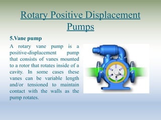 Rotary Positive Displacement
Pumps
5.Vane pump
A rotary vane pump is a
positive-displacement pump
that consists of vanes mounted
to a rotor that rotates inside of a
cavity. In some cases these
vanes can be variable length
and/or tensioned to maintain
contact with the walls as the
pump rotates.
 