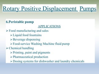Rotary Positive Displacement Pumps
6.Peristaltic pump
APPLICATIONS
 Food manufacturing and sales
 Liquid food fountains
 Beverage dispensing
 Food-service Washing Machine fluid pump
 Chemical handling
 Printing, paint and pigments
 Pharmaceutical production
 Dosing systems for dishwasher and laundry chemicals
 