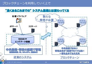 © 2017 NTT DATA Corporation 21
ブロックチェーンを利用していく上で
“良くあるこれまでの” システム基盤とは変わってくる
従来のシステム ブロックチェーン
RDBMSや
ビッグデータ基盤
APサーバ XXサーバ
各種ソフトウェア
中央集権ではない
管理主体が1組織でなくても良い
一部を止めても大丈夫
中央集権・特定の組織で管理
(信頼性対策、HA、セキュリティ、監視など)
新たな
発想が必要
 