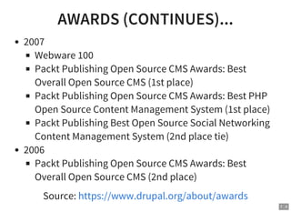7 . 4
AWARDS (CONTINUES)...
2007
Webware 100
Packt Publishing Open Source CMS Awards: Best
Overall Open Source CMS (1st place)
Packt Publishing Open Source CMS Awards: Best PHP
Open Source Content Management System (1st place)
Packt Publishing Best Open Source Social Networking
Content Management System (2nd place tie)
2006
Packt Publishing Open Source CMS Awards: Best
Overall Open Source CMS (2nd place)
Source: https://www.drupal.org/about/awards
 