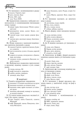 7–8'2014
– 102 –
Â	казка Близнята, свято Різдво, острів Си-
цилія
Ã	 газета Факти, проспект Волі, озеро Сві-
тязь
3.	Усі іменники належать до жіночого
роду в рядку
À	листоноша, суддя, нероба
Á	біль, тюль, нежить
Â	путь, глазур, галузь
Ã	 собака, забіяка, куріпка
4.	Мають форму лише множини іменни-
ки
À	сходи, висівки, ночви
Á	меблі, голоси, фінанси
Â	Ромни, колискові, шорти
Ã	 спиці, духи, голубці
5.	До ІІ відміни належать усі іменники в
рядку
À	сонце, меч, Кирило
Á	Париж, куліш, розкіш
Â	орля, дитя, дівчатко
Ã	 кількість, голуб, дріб
6.	Закінчення -у (-ю) у формі родового
відмінка однини мають усі іменники в ряд-
ку
À	музей, Львів, птах
Á	мороз, простір, жасмин
Â	ключ, вогонь, Горохів
Ã	 граб, конгрес, Ірак
7.	Закінчення -ю у кличному відмінку ма-
ють усі іменники в рядку
À	матуся, Юрій, доля
Á	обрій, теля, Олеся
Â	дідусь, тополя, учень
Ã	 доня, Василь, край
8.	Усі іменники у формі орудного від-
мінка мають у закінченні літеру -е (-є) в
рядку
À	дощ, пустир, куля
Á	вишня, актор, товариш
Â	Ілля, тротуар, Стрий
Ã	 кущ, режисер, межа
9.	Усі іменники є незмінюваними в
­рядку
À	мадам, сеньйор, міс
Á	МВС, шимпанзе, макака
Â	пальто, Токіо, шоу
Ã	 пюре, аташе, Перу
9.	Усі іменники є незмінюваними в рядку
À	пальто, Торонто, івасі
Á	авто, птаство, Баку
Â	ягня, АЕС, пані
Ã	 леді, Чилі, ООН
10.	Граматичних помилок у побудові сло-
восполучень із незмінюваними іменниками
немає в рядку
À	цікаве турне, багатолюдне Тбілісі, кумед-
ний поні
Á	різноманітне меню, далеке Конго, еле-
гантна мадам
Â	строгий журі, тепле кашне, рожеве фла-
мінго
Ã	 овочеве рагу, маленьке какаду, багатовод-
на Хуанхе
11.	Немає помилок у написанні відмінко-
вих закінчень іменників у рядку
À	сказати Сергієві, гордитися іменем, будів-
ля з цемента
Á	пасти козенятів, гуляти з Ілльою, дорогий
Ігорю
Â	ударити по рукам, спілкуватися з Дашею,
пора листопада
Ã	 годувати телята, допомогти Василеві, хо-
дити в пальті
12.	Відбувається подвоєння приголосних
в орудному відмінку однини в усіх словах
рядка
À	глазур, молодь, Об
Á	верф, молодість, широчінь
Â	здобич, розкіш, паморозь
Ã	 доповідь, міць, Керч
ІІ в а р і а н т
1.	Укажіть неправильне твердження.
À	іменники І і ІІ відмін поділяються на групи
Á	іменники належать до певного роду
Â	іменники лоша, курча належать до міша-
ної групи
Ã	 іменники військовий, ножиці не належать
до жодної відміни
2.	Усі власні назви пишуться з великої лі-
тери і без лапок у рядку
À	гора Говерла, книга Євангеліє, планета
Меркурій
Á	кафе Меркурій, танець Повзунець, кіно-
театр Молодість
 
