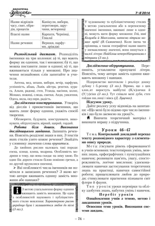 7–8'2014
– 74 –
Дослідження-обґрунтування. Пере-
пишіть, уставляючи пропущені літери.
­Поясніть, чому автори замість однини вжи-
вають множину і навпаки.
Підприємство виготовляє і реалізує дошку
дубову і б..резову (З газ.). Віримо, що з цих
хлоп.. ят виростуть майбутні (К/к)лички й
(У/ у) сіки (З газ.). Тут співали мені дуби, степ
гойдав пш..ниці і вівса (Д. Луценко).
Підсумок уроку.
Дайте розлогу усну відповідь на запитан-
ня: «Що мені було відомо про число іменни-
ків і що було засвоєно на уроці?».
H Вивчити теоретичний матеріал і
виконати вправу з підручника.
Ур о к и 46–47
Т е м а. Контрольний докладний переказ
тексту розповідного характеру з елемента-
ми опису природи.
М е т а: з’ясувати рівень сформованості
в учнів основних текстотвірних умінь, мов-
них знань, орфографічних і пунктуаційних
навичок; розвивати пам’ять, увагу, спосте-
режливість, логічне мислення; удоскона-
лювати навички застосування теоретичних
знань на практиці, навички самостійної
роботи; прищеплювати любов до приро-
ди; стимулювати прагнення пізнавати світ
флори й фауни.
Т и п у р о к і в: уроки перевірки та облі-
ку здобутих знань, набутих умінь і навичок.
П е р е б і г у р о к і в
Ознайомлення учнів з темою, метою і
завданнями уроків.
Освоєння теми уроків. Виконання сис-
теми завдань.
Назви відрізків
часу, свят, обря-
дів, процесів
Канікули, вибори,
переговори, зару-
чини, вечорниці
Власні назви Карпати, Чернівці,
Гімалаї
Назви речовин Вершки, парфу-
ми, дріжджі
Розподільний диктант. Розподіліть
іменники на три колонки: а) ті, що мають
форму як однини, так і множини; б) ті, що
можна поставити лише в однині; в) ті, що
вживаються тільки у множині. Про зна-
чення незнайомих слів запитайте в учи-
теля.
Антена, мед, штани, вибори, вечір, парфуми,
успішність, абзац, Львів, айстра, рештки, кура-
га, Альпи, радощі, степ, Уганда, насіння, колос,
Монако, ножиці, слюда, святки, Анди, уявлення,
Одеса, вила, окуляри, радість.
Дослідження-конструювання. Утворіть
від дієслів і прикметників іменники, що
мають лише форму однини, укажіть спосіб
творення.
Обговорити, будувати, конструювати, вико-
нувати, обґрунтувати, вірний, щирий, гордий.
Робота біля дошки. Виконання
дослідницького завдання. Запишіть речен-
ня. Поясніть розділові знаки в них. З текстів
яких стилів узято кожне речення? Знайдіть
у словнику значення слова врунитися.
До хвойних рослин належать такі породи:
сосна, ялиця, ялина, модрина. Особливість мо-
дрини в тому, що вона скидає на зиму хвою. По
один бік дороги стояли білою повінню гречки, а
по другий врунилися пшениці.
¾¾ Які особливості числа іменників ви по-
мітили в записаних реченнях? З якою ме-
тою автори вживають однину замість мно-
жини або навпаки?
У художньому та публіцистичному стилях
з метою узагальнення або в ­переносному
значенні іменники, вживані лише в одни-
ні, можуть мати форму множини: Гей, нові
Колумби й Магеллани, напнемо вітрила на-
ших мрій! (В. Симоненко). Коли імена чи
прізвища, а також географічні назви вжито
у зневажливому значенні, вони пишуться з
малої літери: Найбільш непередбачуваними є
тітушки (З газ.).
iЗ метою узагальнення форму однини
вживають замість множини. Це одна
з особливостей наукового і публіцистич-
ного стилю мовлення: Характерною рисою
українця була і залишається любов до пісні
(З газ.).
 