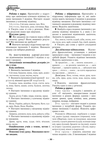 7–8'2014
– 80 –
Робота з підручником. Прочитайте в
підручнику інформацію про те, які закін-
чення мають іменники І відміни в родовому
відмінку множини. Поставте іменники з ос-
таннього завдання в родовому відмінку мно-
жини. Виділіть закінчення.
 Знайдіть серед поданих іменників у ро-
довому відмінку множини ті, у яких є по-
милки в написанні відмінкових закінчень.
Запишіть їх правильно.
Рук, земель, статтів, суддей, губів, легень, леге-
нів, сосон, весн, мрій, площей, бур, сімей, гривнів.
¾¾ Уведіть два слова у прості ускладнені
речення.
Дослідження-відновлення. Відтво-
ріть фра­зеологізми, уставивши з довідки
­пропущені слова – іменники І відміни в по-
трібній формі. Укажіть відмінки іменників.
Виділіть закінчення в них.
За тридев’ять … ; на … носити; копилити … ;
кривити … ; … не розлити; хапатися за … ; дати
березової … ; тримати камінь за … ; заблукати між
трьох … ; сісти в … ; взяти … на плечі; народитися
під щасливою … ; витати у … .
Д о в і д к а. Нога, голова, земля, рука, кало-
ша, губа, зірка, душа, сосна, вода, пазуха, каша,
хмара.
¾¾ Поясніть значення фразеологізмів.
Уведіть один із них у речення.
Робота у групах.
1-ш а г р у п а – складіть і запишіть ді-
алог «У магазині», використавши подані
іменники в різних формах однини і мно-
жини: гривня, сума, копійка, вага, решта,
покупка, полиця, подружка.
2-г а г р у п а – поставте подані в дужках
іменники у потрібній формі. Укажіть від-
мінки іменників І відміни. Поясніть орфо-
грами в них.
Розповісти (Миколка), перебувати в (доро-
га), радіти (душа), смакувати (черешня), пози-
чити (Марічка), спати на (подушка), запалення
(легені), слухати рішення (судді), колекція (мар-
ки), краса (площі), бродити по (вулиці), ходити
по (гори) і (долини), радитися з (Ілля), пересу-
ватися (суша), мішок із (картопля).
3-т я г р у п а – поясніть лексичне зна-
чення поданих слів. З іменниками І відміни
Робота в парах. Прочитайте у підруч-
нику про закінчення кличного відмінка од-
нини іменників І відміни. Поставте подані
іменники у кличному відмінку.
1-й у ч е н ь. Світлана, жменя, ідея, Вітя.
2-й у ч е н ь. Анастасія, доня, сніговиця, Віра.
¾¾ Уведіть одне зі слів у речення. Пояс-
ніть розділові знаки при звертанні.
Підсумок уроку.
QQ Які завдання ви ставили перед собою
на початку уроку? Яким виявився резуль-
тат? Які висновки ви зробили?
H Вивчити матеріал підручника про від-
мінювання іменників І відміни. Виконати
вправу (за вибором учителя).
На н а с т у п н о м у у р о ц і розгляне-
мо відмінювання іменників І відміни в од-
нині і множині.
Актуалізація мотиваційних резервів уч-
нів з теми.
Бліц-завдання.
ÔÔ Випишіть іменники І відміни.
Світлиця, бажання, миша, лоша, мрія, дозвіл-
ля, листоноша, суддя, внучка, внуча.
ÔÔ Випишіть іменники м’якої групи (І   в а -
р і а н т), мішаної групи (ІІ в а р і а н т).
Склянка, чаша, водойма, стеля, стаття, цита-
та, вежа, башта, акація, алича, будівля, лисичка,
лисиця.
ÔÔ Поставте іменники в орудному відмін-
ку однини.
Задача, рілля, Софія, хмара, пожежа, праця.
ÔÔ Поставте іменники у кличному відмін-
ку однини.
Весна, Україна, райдуга, Катерина, Катя, суд-
дя, мрія, Надія, Надя, Надійка.
ÔÔ Поставте іменники у місцевому відмін-
ку однини.
Завірюха, допомога, мука, муха, райдуга, губка.
ÔÔ Поставте іменники в називному відмін-
ку множини.
Драма, круча, вежа, суддя, сім’я, вітальня,
миша, груша.
Ознайомлення учнів з темою, метою і
завданнями уроку.
Освоєння теми уроку. Виконання систе-
ми завдань.
 
