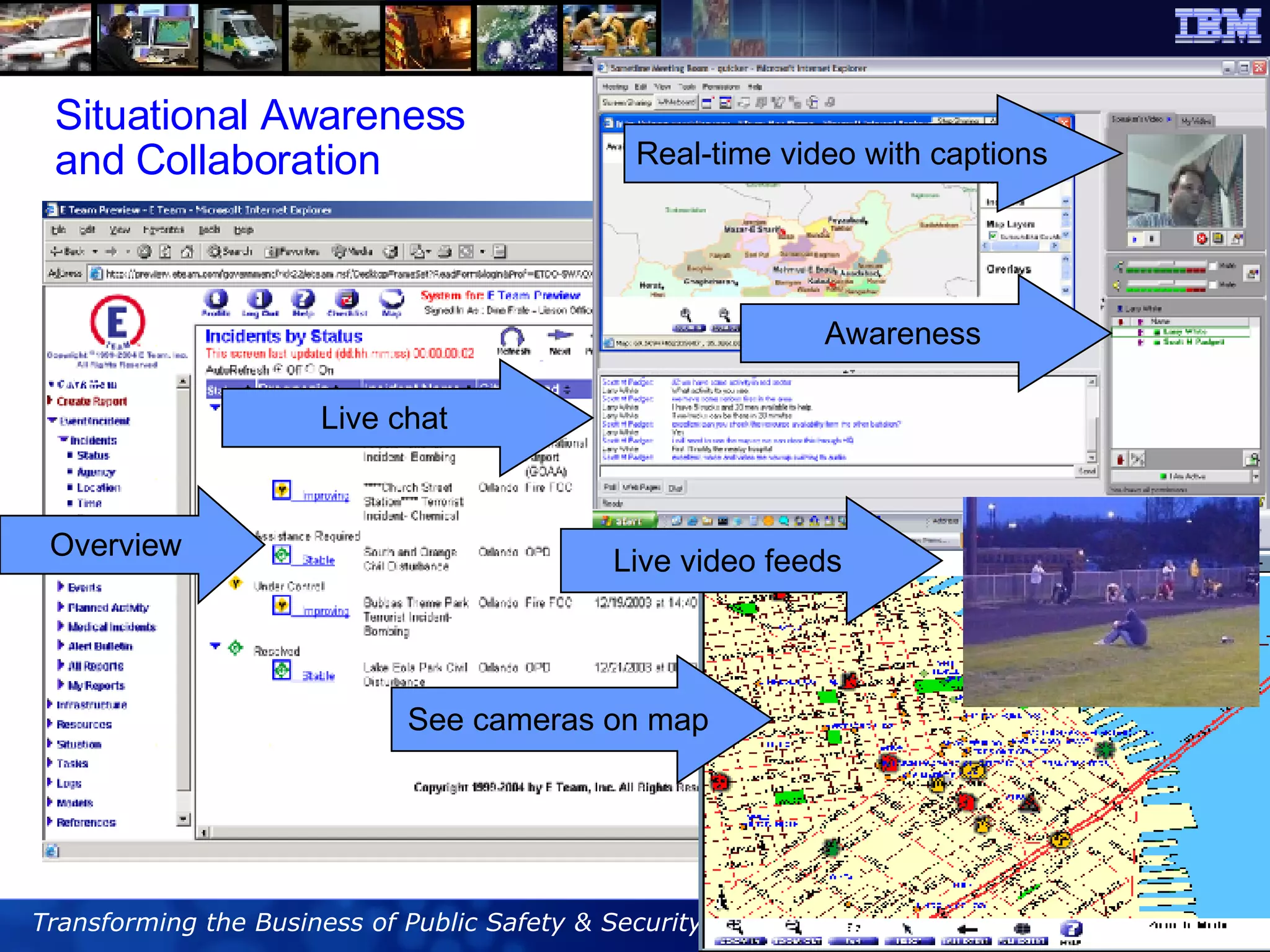 Overview Overview Live chat See cameras on map Situational Awareness  and Collaboration Real-time video with captions Awareness Live video feeds 