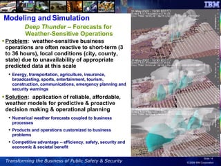 Modeling and Simulation Deep Thunder  – Forecasts for  Weather-Sensitive Operations Problem :  weather-sensitive business operations are often reactive to short-term (3 to 36 hours), local conditions (city, county, state) due to unavailability of appropriate predicted data at this scale Energy, transportation, agriculture, insurance, broadcasting, sports, entertainment, tourism, construction, communications, emergency planning and security warnings   Solution :  application of reliable, affordable, weather models for predictive & proactive decision making & operational planning Numerical weather forecasts coupled to business processes Products and operations customized to business problems Competitive advantage -- efficiency, safety, security and economic & societal benefit 