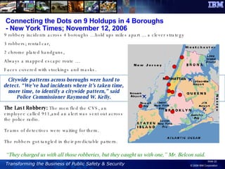 Connecting the Dots on 9 Holdups in 4 Boroughs  - New York Times; November 12, 2006 9 robbery incidents across 4 boroughs …hold ups miles apart … a clever strategy 3 robbers; rental car,  2 chrome plated handguns, Always a mapped escape route … Faces covered with stockings and masks. Citywide patterns across boroughs were hard to detect. “We’ve had incidents where it’s taken time, more time, to identify a citywide pattern,” said Police Commissioner Raymond W. Kelly. The Last Robbery:  The men fled the CVS, an employee called 911,and an alert was sent out across the police radio.  Teams of detectives were waiting for them.  The robbers got tangled in their predictable pattern. “ They charged us with all those robberies, but they caught us with one,” Mr. Belcon said. 