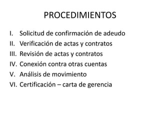 PROCEDIMIENTOS
I. Solicitud de confirmación de adeudo
II. Verificación de actas y contratos
III. Revisión de actas y contratos
IV. Conexión contra otras cuentas
V. Análisis de movimiento
VI. Certificación – carta de gerencia
 
