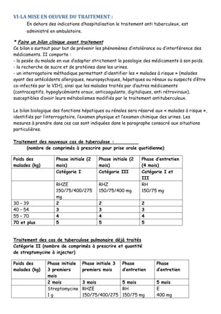 VI-LA MISE EN OEUVRE DU TRAITEMENT :
En dehors des indications d’hospitalisation le traitement anti tuberculeux, est
administré en ambulatoire.
* Faire un bilan clinique avant traitement
Ce bilan a surtout pour but de prévenir les phénomènes d’intolérance ou d’interférence des
médicaments. II comporte :
- la pesée du malade en vue d’adapter strictement la posologie des médicaments à son poids.
- la recherche de sucre et de protéines dans les urines.
- un interrogatoire méthodique permettant d’identifier les « malades à risque » (malades
ayant des antécédents allergiques, neuropsychiques, hépatiques ou rénaux ou suspects d’être
co-infectés par le VIH), ainsi que les malades traités par d’autres médicaments
(contraceptifs, hypoglycémiants oraux, anticoagulants, digitaliques, anti rétroviraux),
susceptibles d’avoir leurs métabolismes modifiés par le traitement antituberculeux.
Le bilan biologique des fonctions hépatiques ou rénales sera réservé aux « malades à risque »,
identifiés par l’interrogatoire, l’examen physique et l’examen chimique des urines. Les
mesures à prendre dans ces cas sont indiquées dans le paragraphe consacré aux situations
particulières.
Traitement des nouveaux cas de tuberculose :
(nombre de comprimés à prescrire pour prise orale quotidienne)
Poids des
malades (kg)
Phase initiale (2
mois)
Phase initiale (2
mois)
Phase d’entretien
(4 mois)
Catégorie I Catégorie III Catégorie I et
III
RHZE
150/75/400/275
mg
RHZ
150/75/400 mg
RH
150/75 mg
30 – 39 2 2 2
40 – 54 3 3 3
55 – 70 4 4 4
70 et plus 5 5 5
Traitement des cas de tuberculose pulmonaire déjà traités
Catégorie II (nombre de comprimés à prescrire et quantité
de streptomycine à injecter)
Poids des
malades (kg)
Phase initiale
3 premiers
mois
Phase initiale 3
premiers mois
Phase
d’entretien
Phase
d’entretien
2 mois 3 mois 5 mois 5 mois
Streptomycine
1 g
RHZE
150/75/400/275
RH
150/75 mg
E
400 mg
 