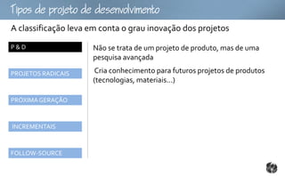 Tpopojtoomto
A classificação leva em conta o grau inovação dos projetos
P&D                  Não se trata de um projeto de produto, mas de uma
                     pesquisa avançada

PROJETOS RADICAIS     Cria conhecimento para futuros projetos de produtos
                     (tecnologias, materiais...)

PRÓXIMA GERAÇÃO



INCREMENTAIS



FOLLOW-SOURCE
 
