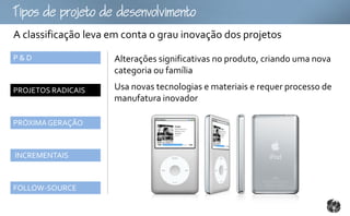 Tpopojtoomto
A classificação leva em conta o grau inovação dos projetos
P&D                  Alterações significativas no produto, criando uma nova
                     categoria ou família

PROJETOS RADICAIS    Usa novas tecnologias e materiais e requer processo de
                     manufatura inovador

PRÓXIMA GERAÇÃO



INCREMENTAIS



FOLLOW-SOURCE
 