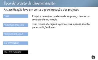 Tpopojtoomto
A classificação leva em conta o grau inovação dos projetos
P&D                  Projetos de outras unidades da empresa, clientes ou
                     contrato de tecnologia

PROJETOS RADICAIS    Não requer alterações significativas, apenas adaptar
                     para condições locais

PRÓXIMA GERAÇÃO



INCREMENTAIS



FOLLOW-SOURCE
 