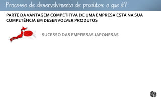 ocoomtopouto:ou
PARTE DA VANTAGEM COMPETITIVA DE UMA EMPRESA ESTÁ NA SUA
COMPETÊNCIA EM DESENVOLVER PRODUTOS


              SUCESSO DAS EMPRESAS JAPONESAS
 