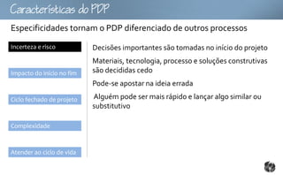 Ccttco
Especificidades tornam o PDP diferenciado de outros processos
Incerteza e risco          Decisões importantes são tomadas no início do projeto
                           Materiais, tecnologia, processo e soluções construtivas
Impacto do início no fim   são decididas cedo
                           Pode-se apostar na ideia errada

Ciclo fechado de projeto   Alguém pode ser mais rápido e lançar algo similar ou
                           substitutivo

Complexidade



Atender ao ciclo de vida
 