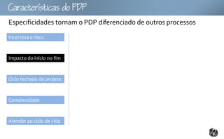 Ccttco
Especificidades tornam o PDP diferenciado de outros processos
Incerteza e risco



Impacto do início no fim



Ciclo fechado de projeto



Complexidade



Atender ao ciclo de vida
 