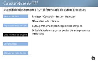 Ccttco
Especificidades tornam o PDP diferenciado de outros processos
Incerteza e risco          Projetar – Construir – Testar – Otimizar
                           Não é atividade rotineira
Impacto do início no fim   Busca gerar uma especificação e não atingi-la
                           Dificuldade de enxergar as perdas durante processos
Ciclo fechado de projeto   interativos


Complexidade



Atender ao ciclo de vida
 